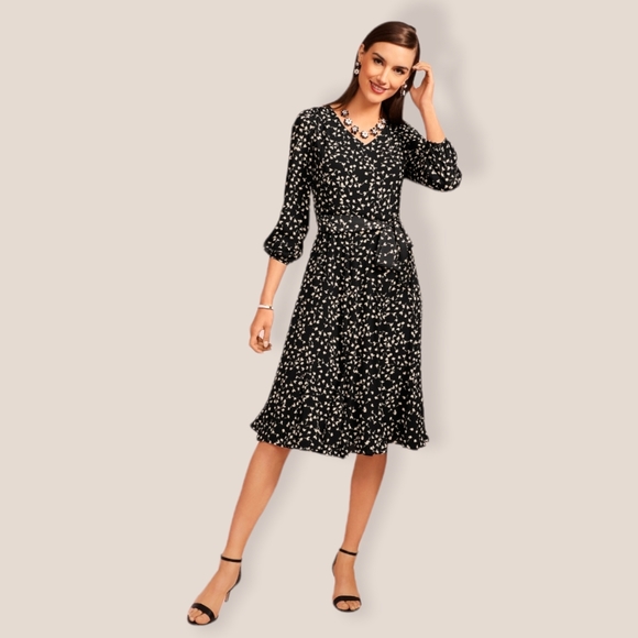 Talbots Dresses & Skirts - Talbot's Black Small White Polka Dot Fit and Flare Long Sleeve V-neck Midi Dress